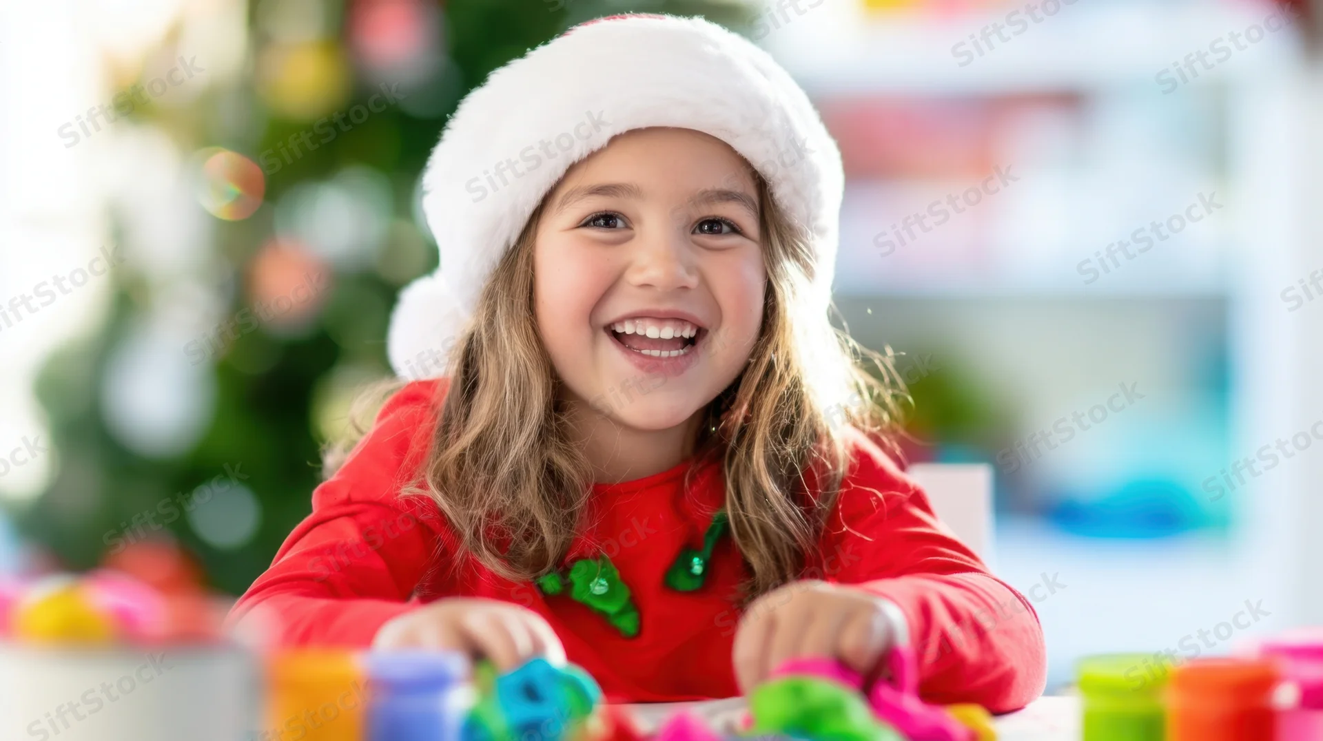 Young girl smiling while crafting with colorful materials at a table near a christmas tree