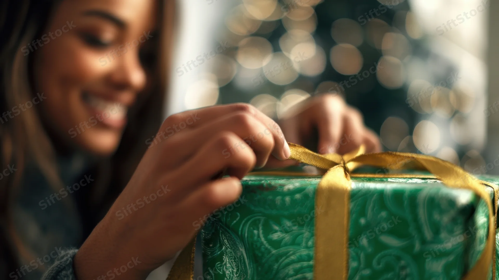 Young woman tying golden ribbon on green wrapped gift with blurred christmas tree in background