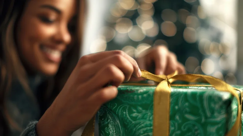 Young woman tying golden ribbon on green wrapped gift with blurred christmas tree in background