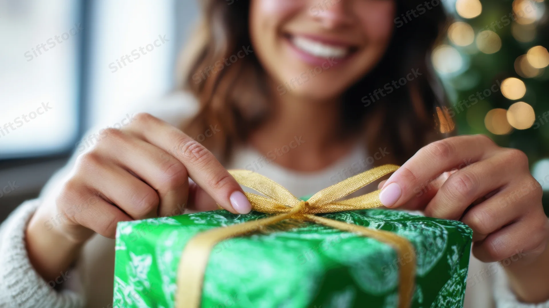 Young woman tying golden ribbon on green wrapped gift near christmas tree