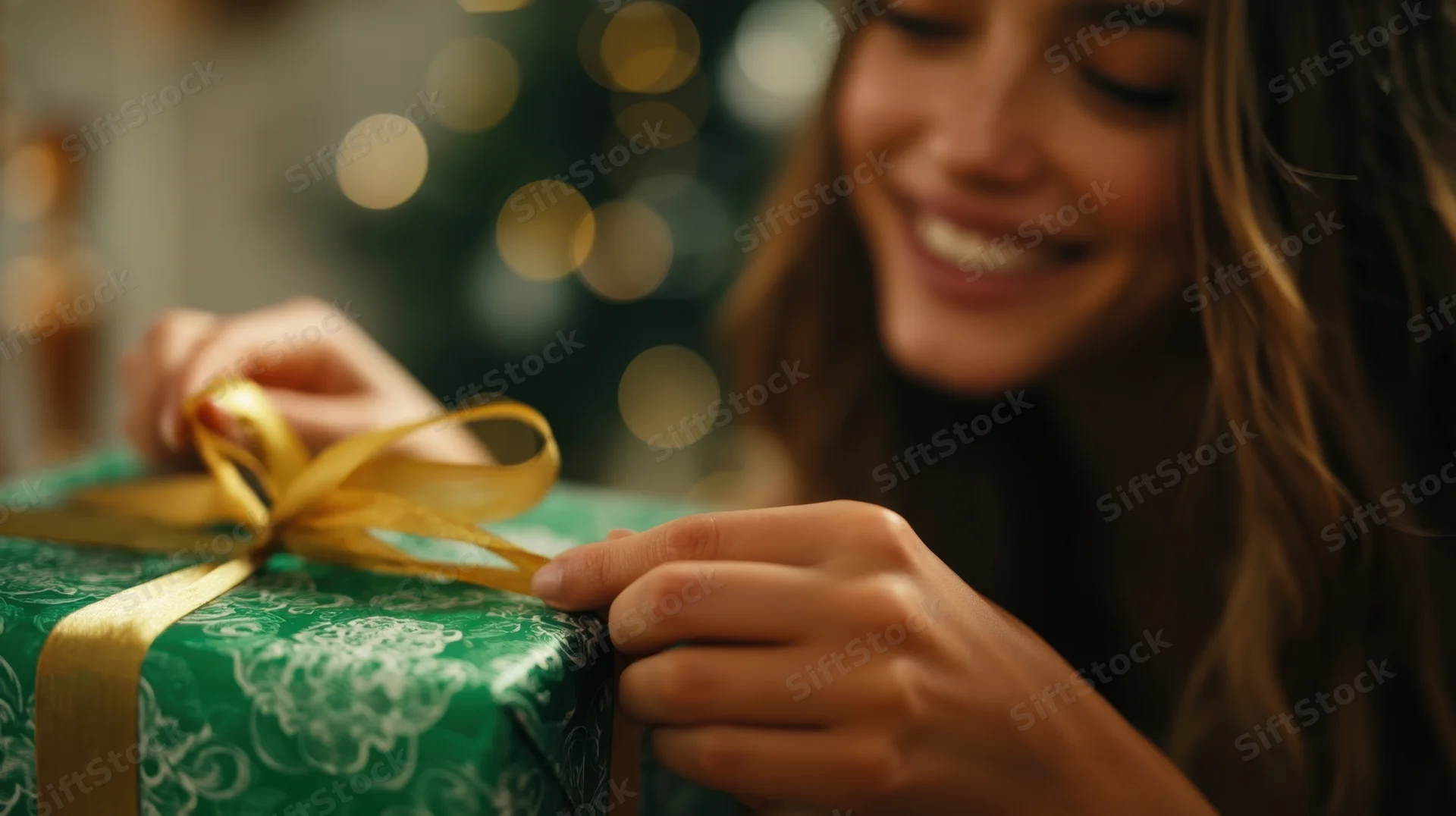 Young woman tying golden ribbon on green wrapped gift near christmas tree