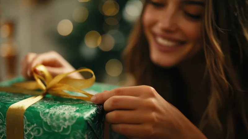 Young woman tying golden ribbon on green wrapped gift near christmas tree