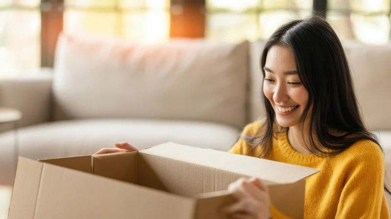 Young woman smiling while opening a cardboard box in a living room