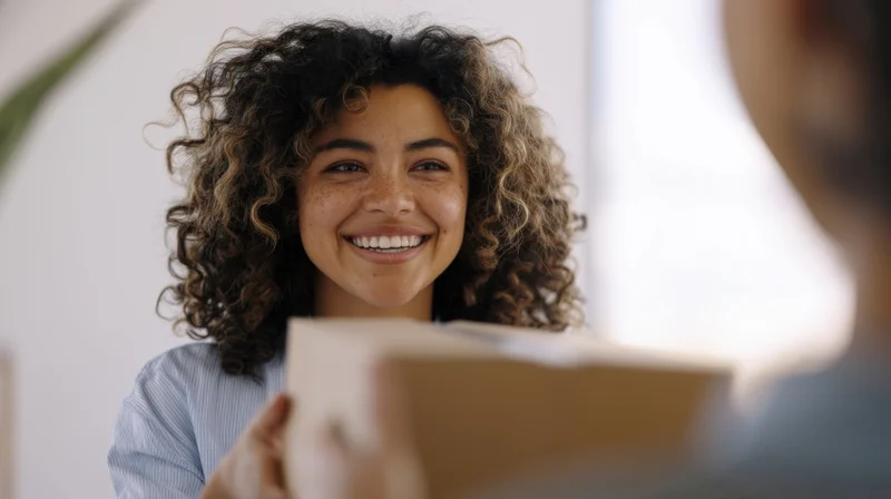 Young woman smiling as she receives a package indoors