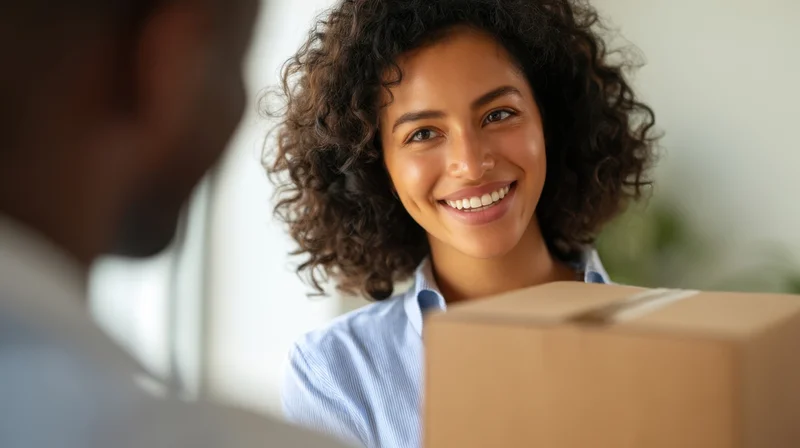 Young woman smiling as she receives a cardboard package from a delivery person in an office setting