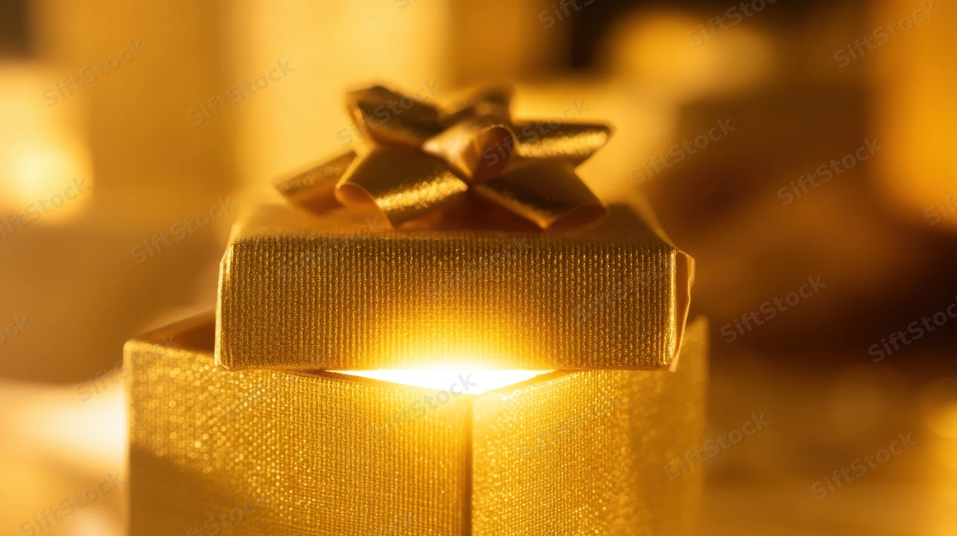 Golden gift box with glowing light inside, lid slightly open, festive background