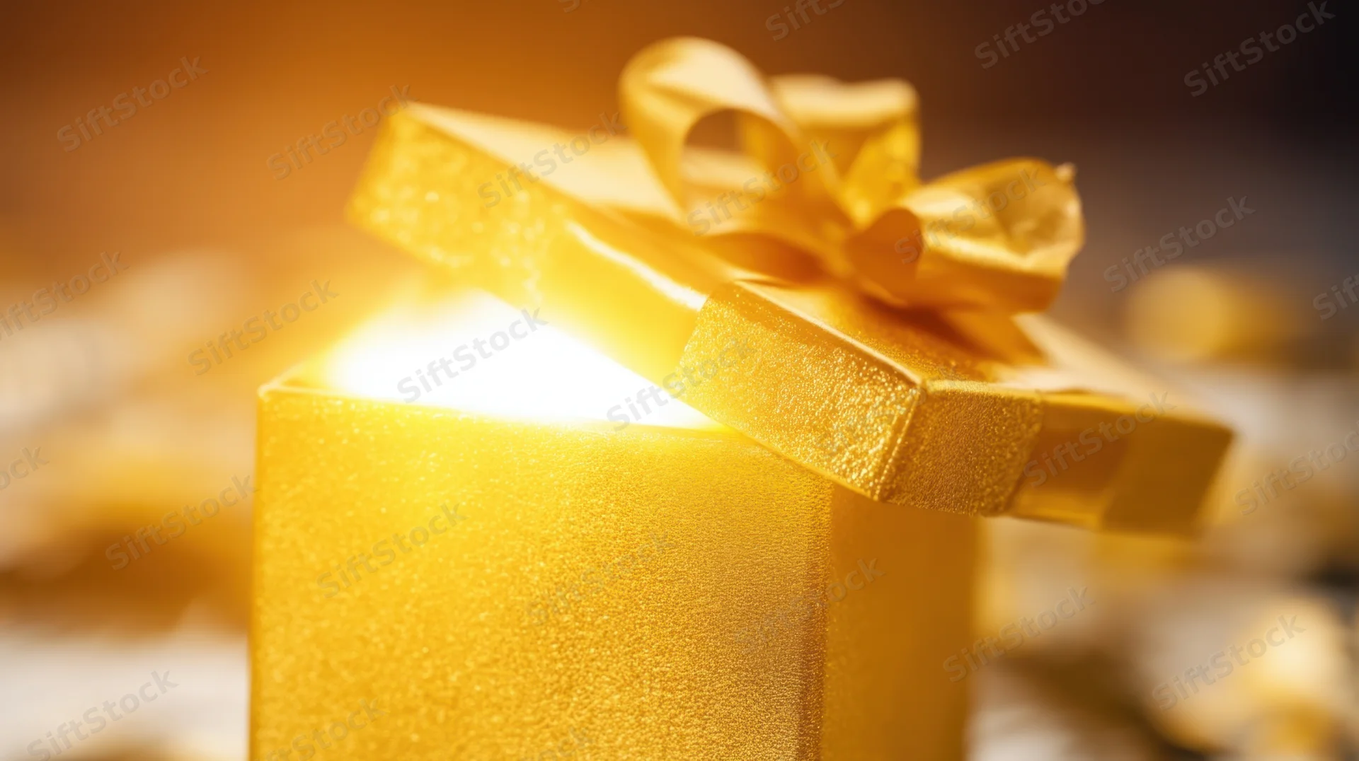 Golden gift box with glowing light inside, lid slightly open, surrounded by soft bokeh lights
