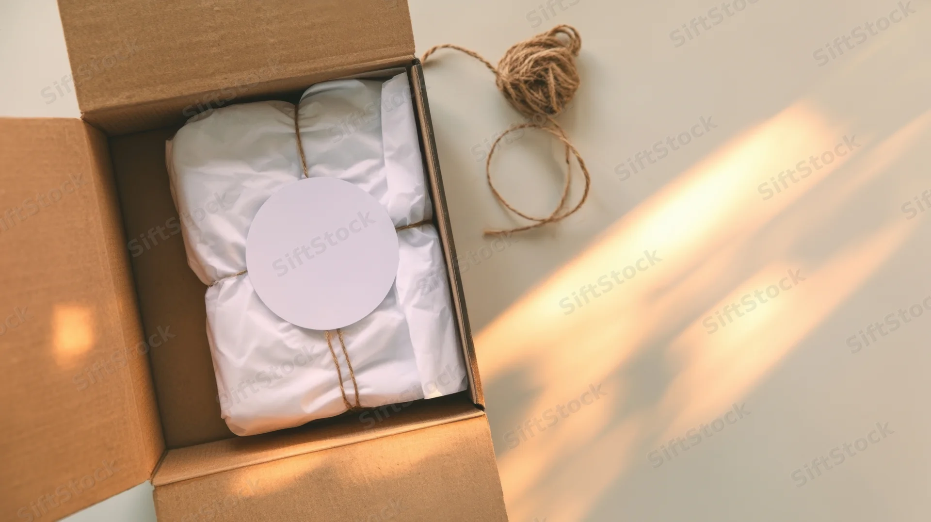 Open cardboard box with white wrapped package tied with twine and blank circular label inside, on light surface with sunlight and shadow
