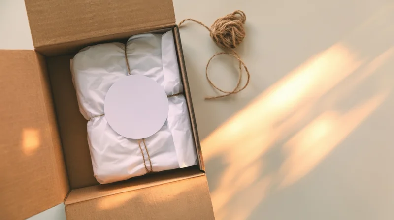 Open cardboard box with white wrapped package tied with twine and blank circular label inside, on light surface with sunlight and shadow