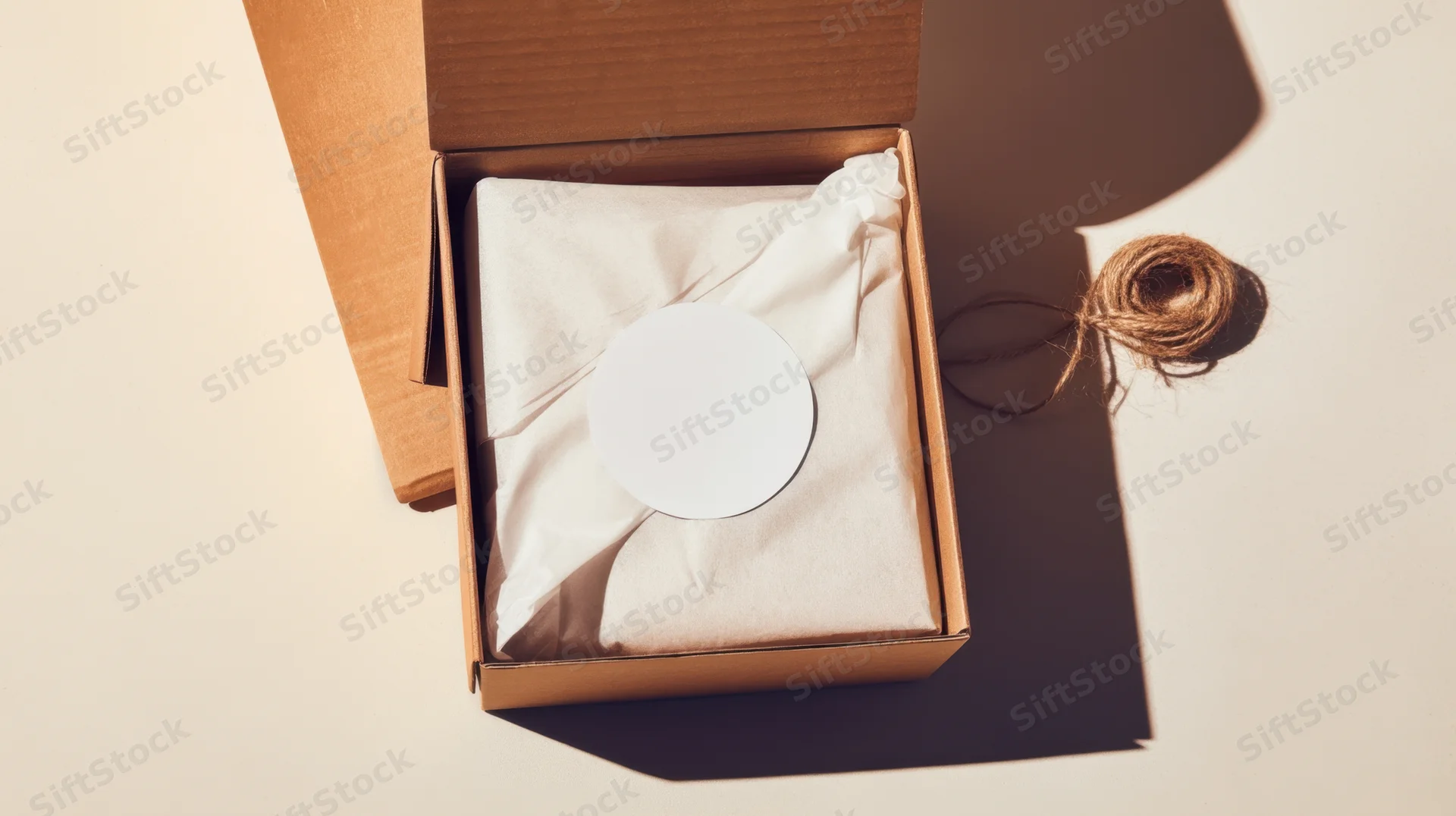 Open cardboard box with wrapped product and twine on plain surface