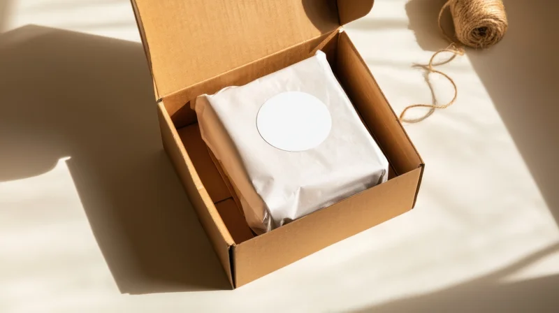 Open cardboard box with wrapped package and twine spool on light surface