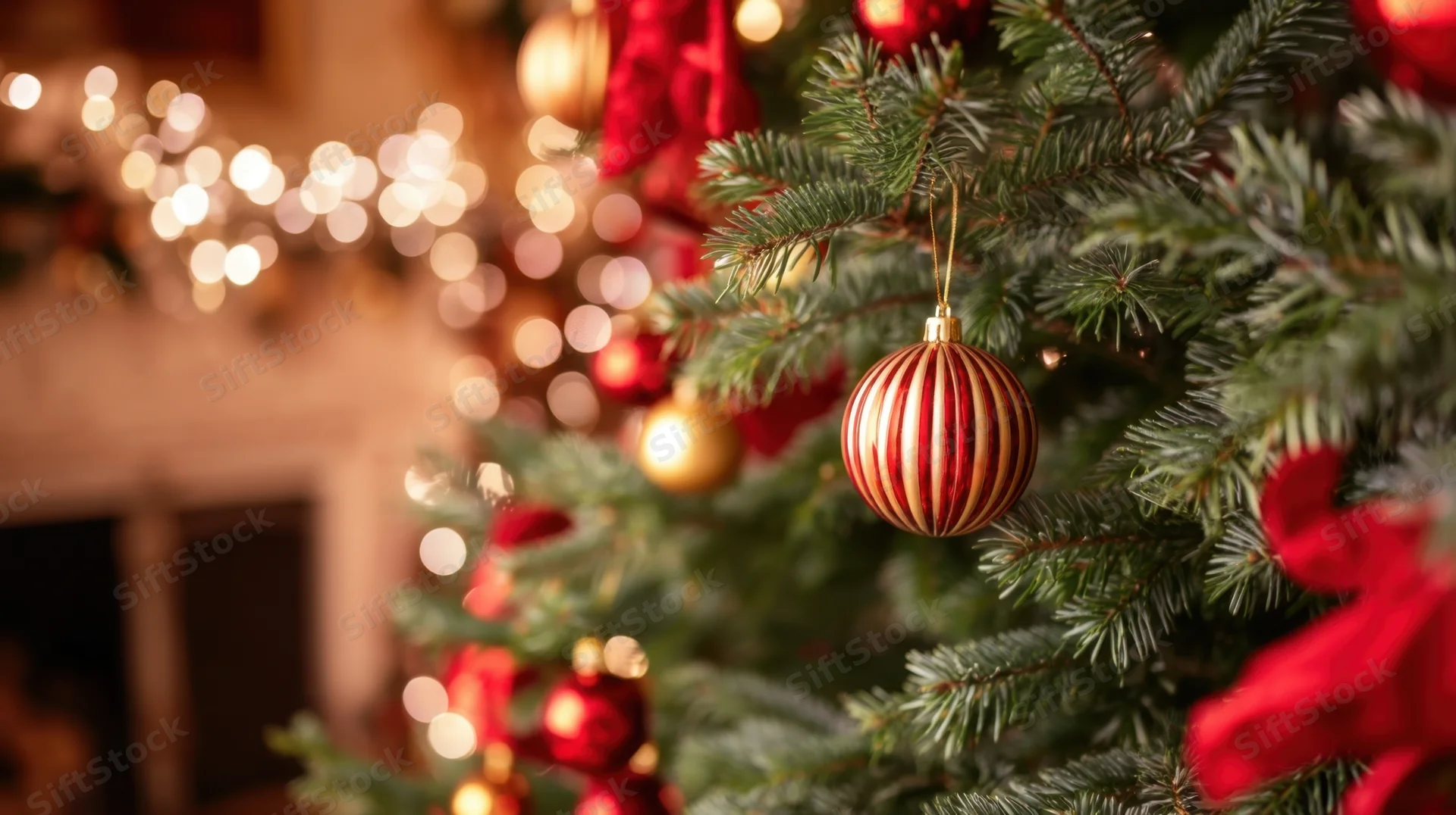 Close-up of a red and gold striped ornament hanging on a decorated christmas tree with blurred lights in the background