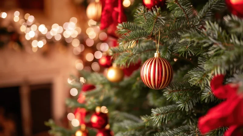 Close-up of a red and gold striped ornament hanging on a decorated christmas tree with blurred lights in the background