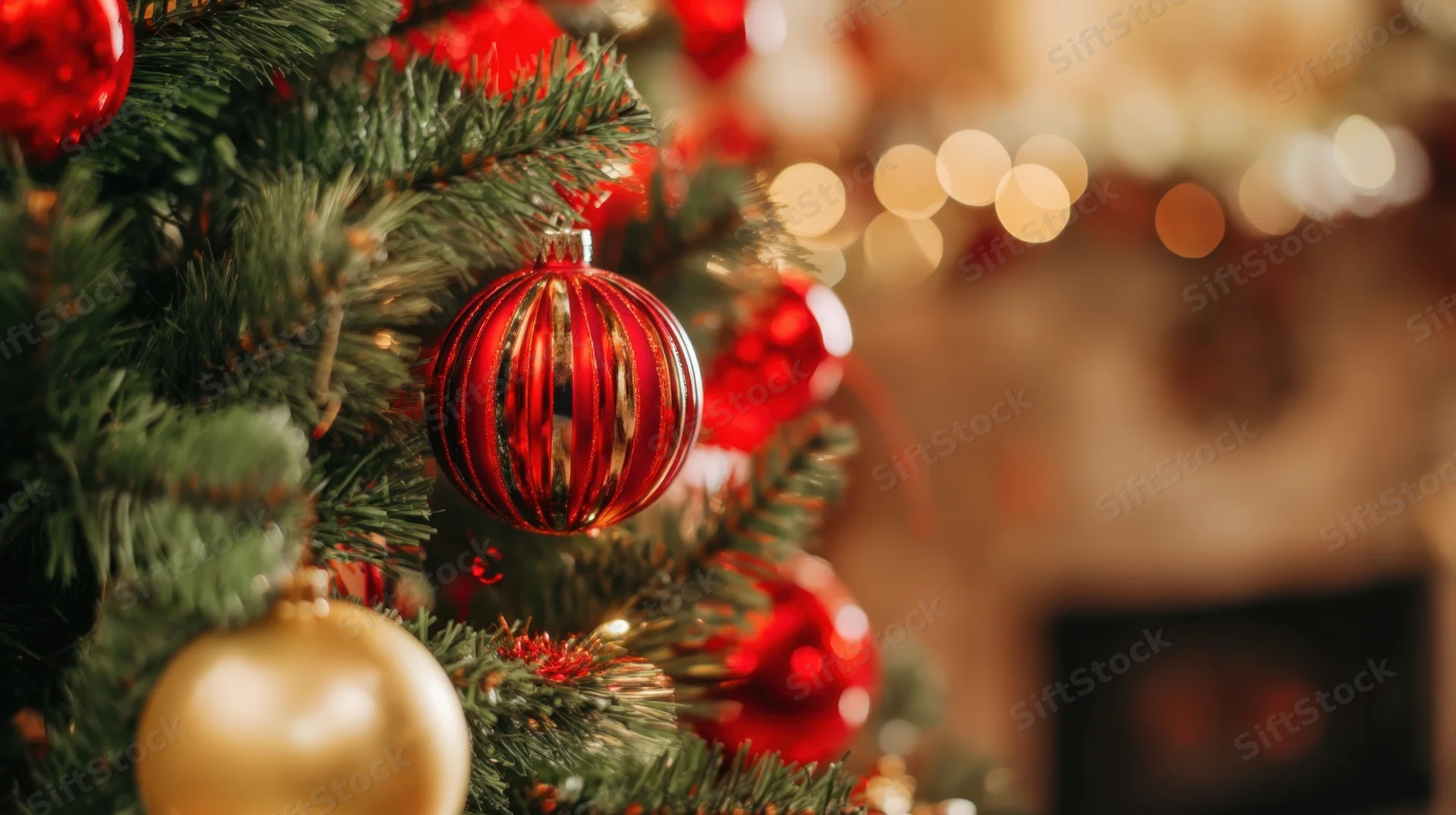 Close-up of red and gold ornaments on a decorated christmas tree near a fireplace