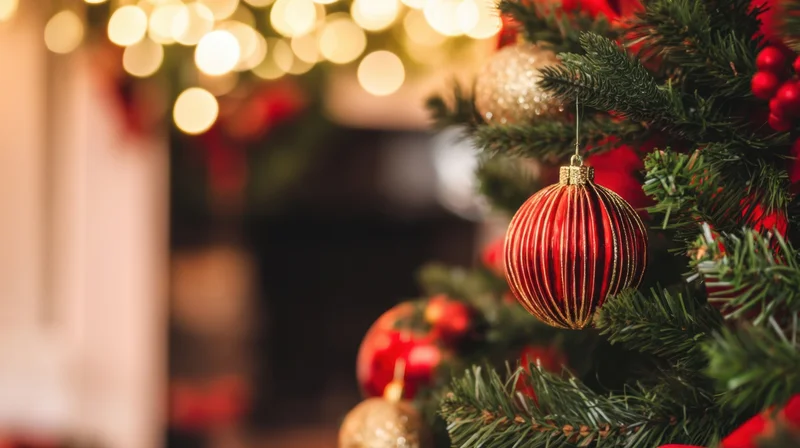 Close-up of a red and gold striped ornament hanging on a christmas tree branch with blurred lights in the background