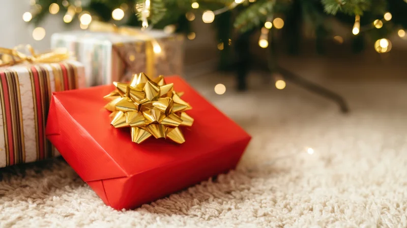 Red gift box with gold bow under christmas tree on carpet