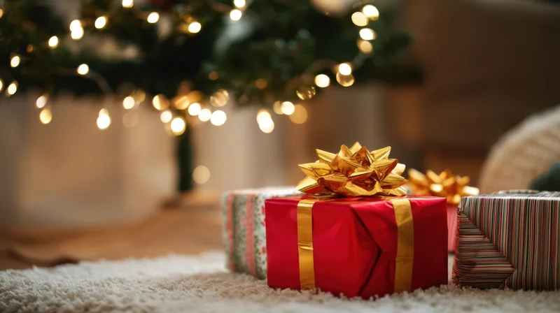 Wrapped christmas gifts with gold bows under a lit tree on a soft rug