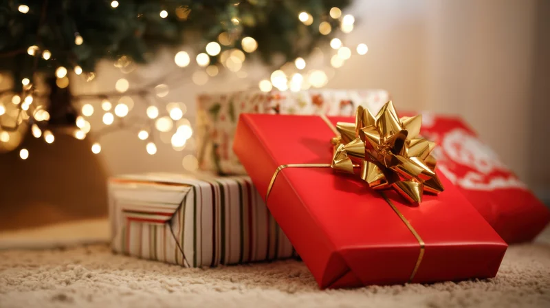 Wrapped christmas gifts with gold bows under a lit tree on carpeted floor