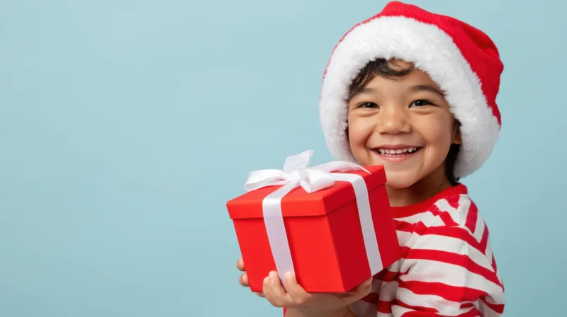 Young boy in santa hat holding red gift box against light blue background
