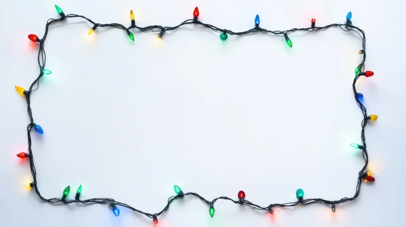 Colorful holiday string lights arranged in a rectangular frame on white background with copyspace