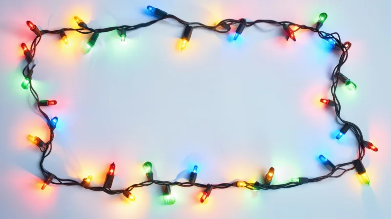 Colorful holiday string lights arranged in a rectangular frame on a white surface