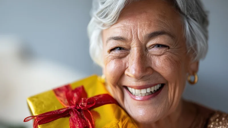 Senior woman smiling broadly while holding a gift wrapped in gold paper with a red ribbon indoors