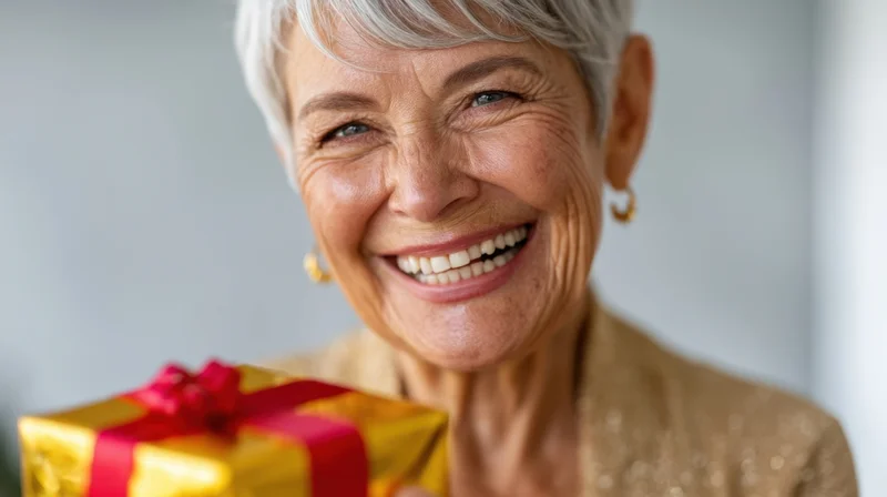 Smiling senior woman holding a golden gift wrapped with a red ribbon