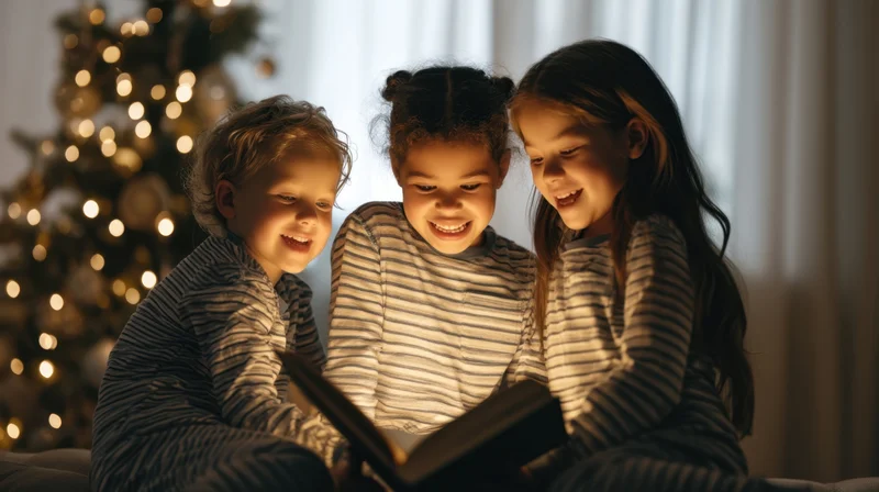 Three children reading a book together in front of a lit christmas tree at home