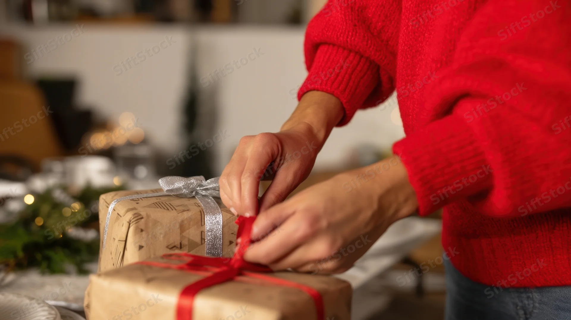 Woman tying red ribbon on wrapped gift at home during christmas season