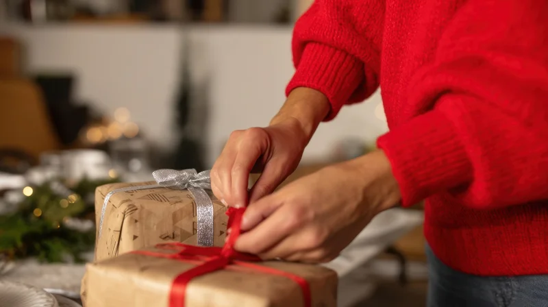 Woman tying red ribbon on wrapped gift at home during christmas season