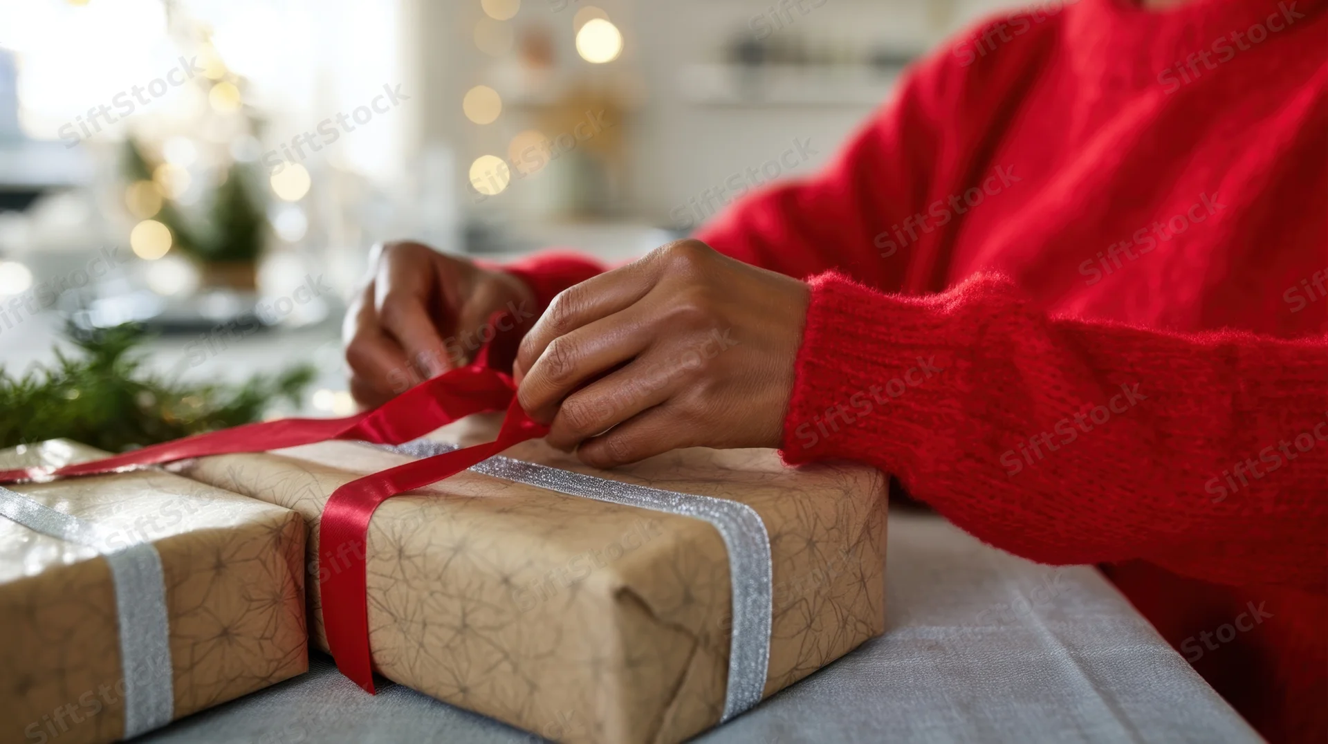 Woman tying red ribbon on wrapped gift at table with holiday lights in background