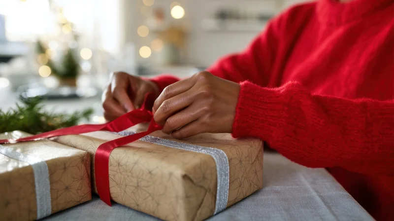 Woman tying red ribbon on wrapped gift at table with holiday lights in background