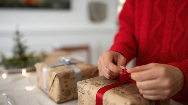 Woman tying red ribbon on gift box at home during christmas