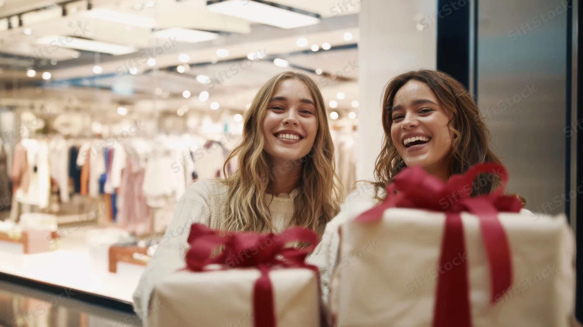 Two young women smiling while holding wrapped gifts in a clothing store