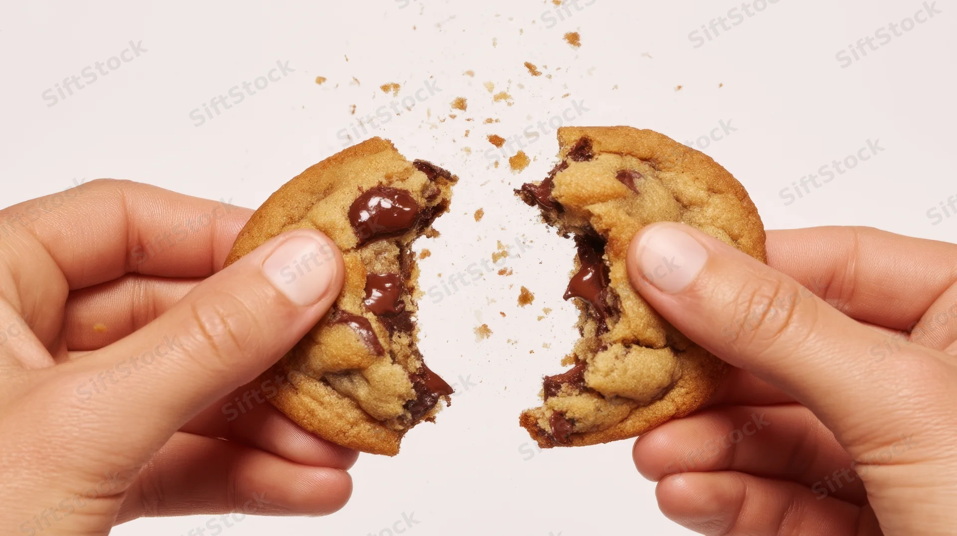 Hands pulling apart a chocolate chip cookie against white background