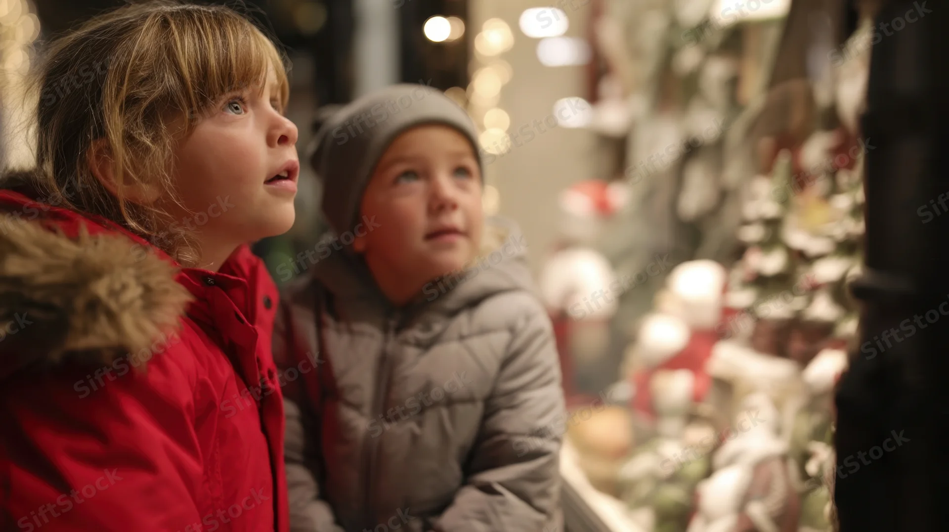 Two young children gazing at a decorated christmas window display from outside at evening