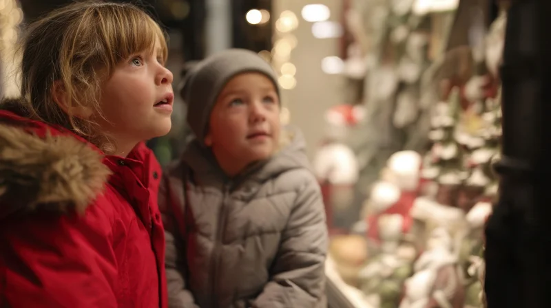 Two young children gazing at a decorated christmas window display from outside at evening