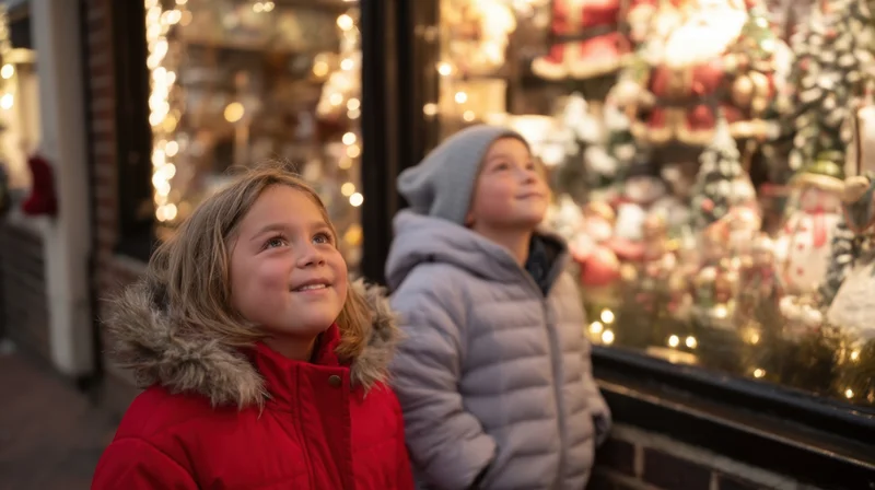 Two young children gazing at a decorated christmas window display on a city sidewalk