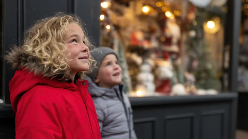 Two young children gazing at a decorated christmas storefront window