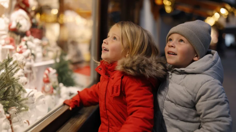 Two young children gazing at a christmas window display on a city street