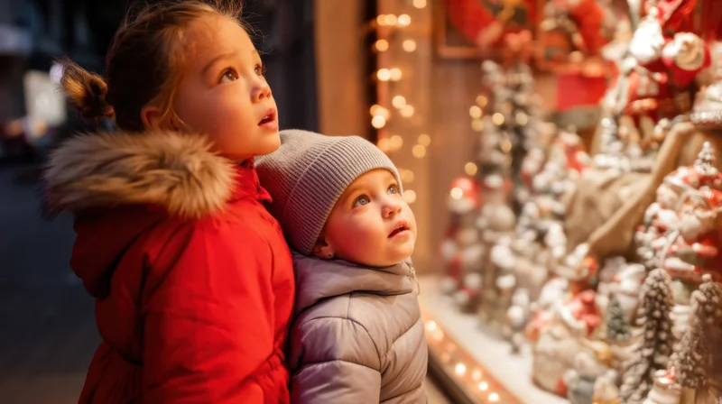 Two young children gazing at a christmas display in a store window