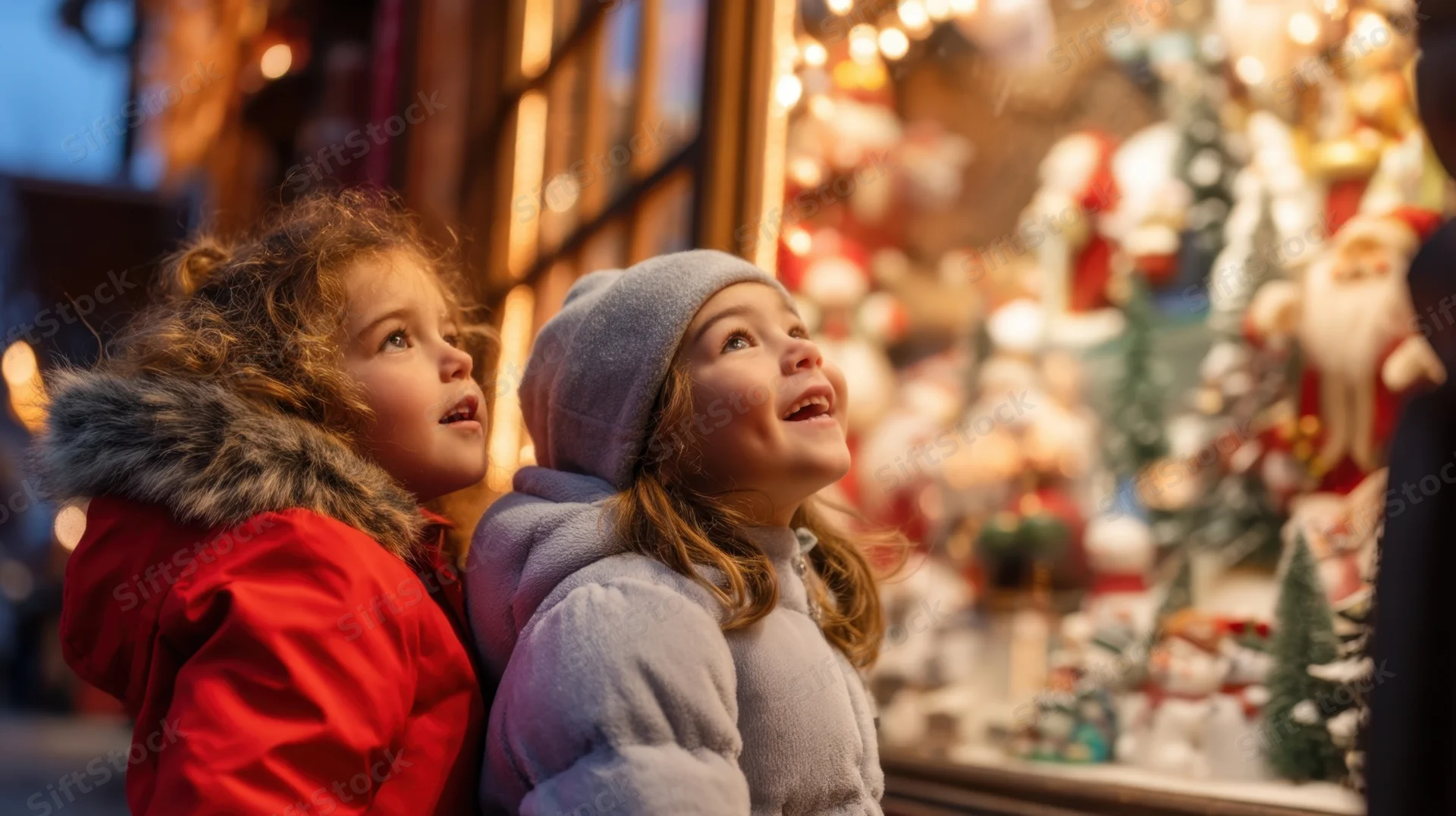 Two young girls gazing at a christmas shop window display at evening