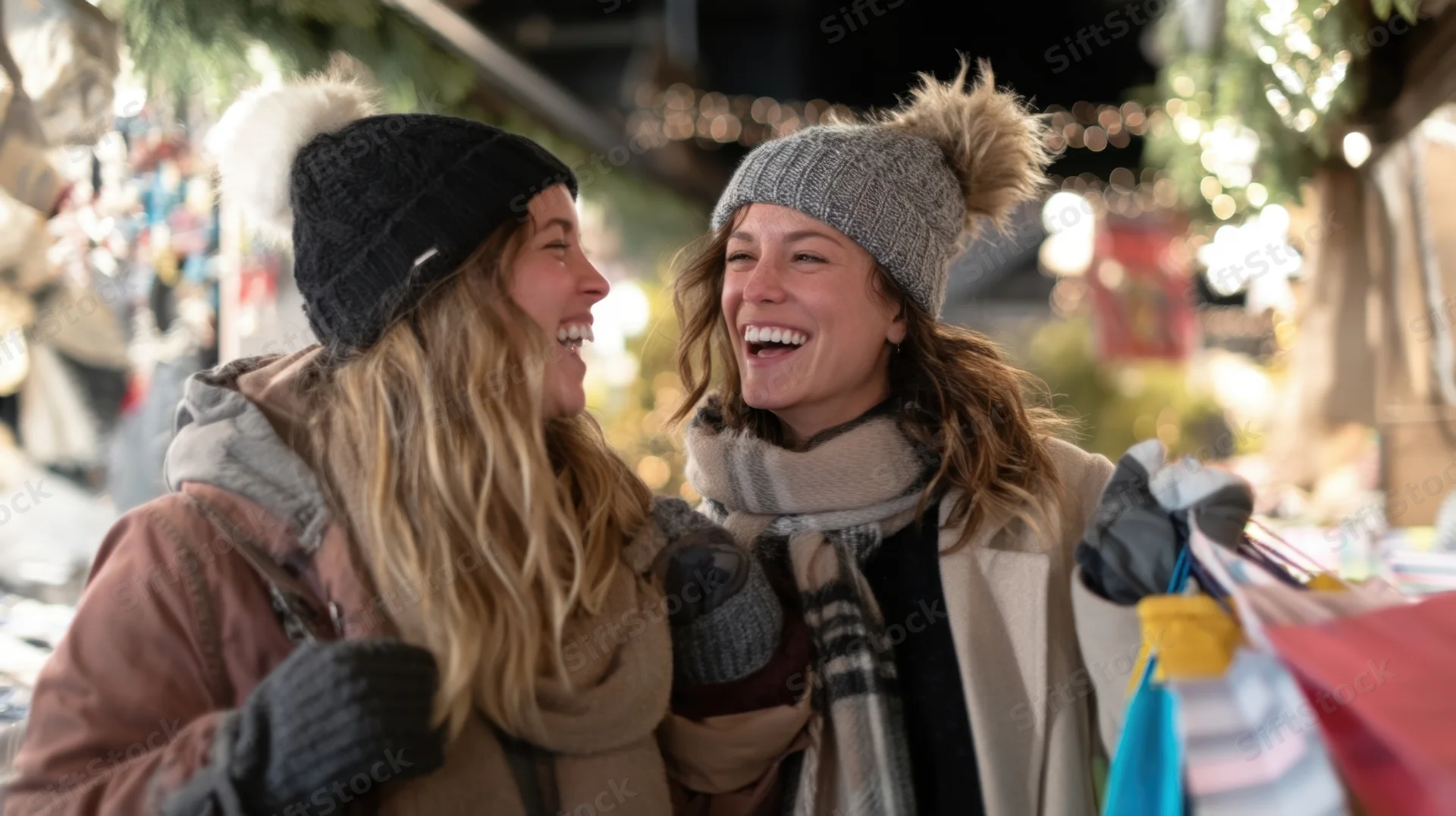 Two young women laughing and shopping together at a festive outdoor market