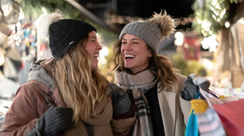 Two young women laughing and shopping together at a festive outdoor market