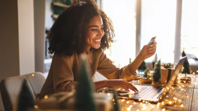 Young woman smiling while holding credit card and using laptop at decorated desk during christmas season
