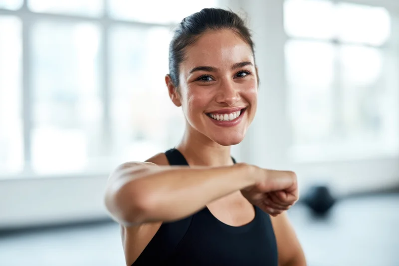 The young woman giving a friendly elbow bump in a bright modern gym studio