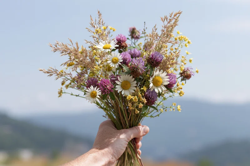 The Bouquet of Wildflowers in Hand Against a Mountainous Rural Landscape