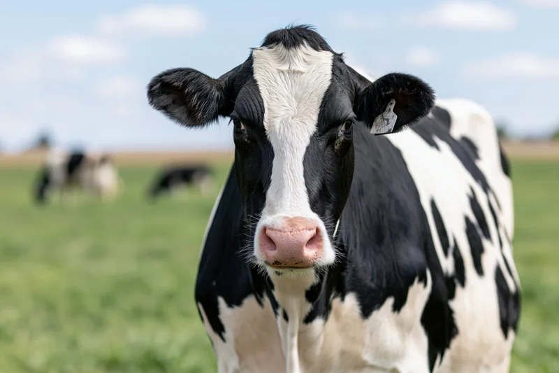 The Holstein Cow in a Bright Green Pasture Portrait Under Blue Sky