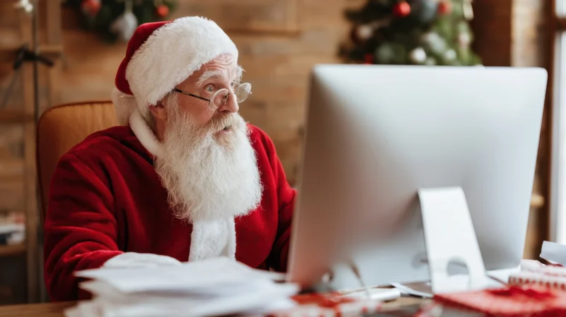 Santa claus working at a computer in an office setting with papers and a monitor