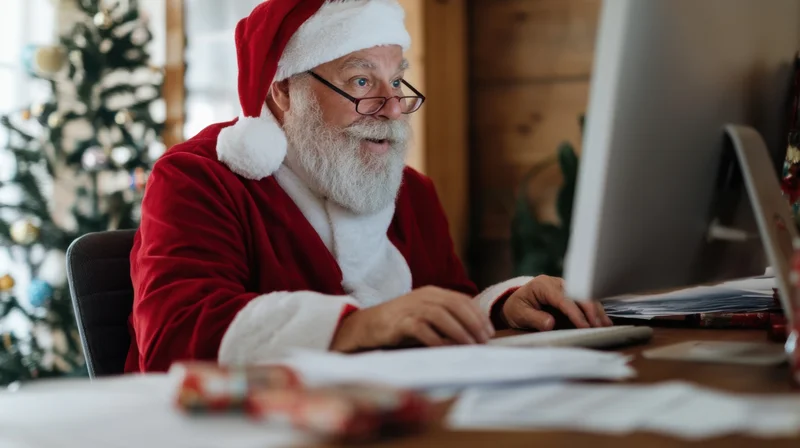 Santa claus typing on computer at office desk with christmas tree in background